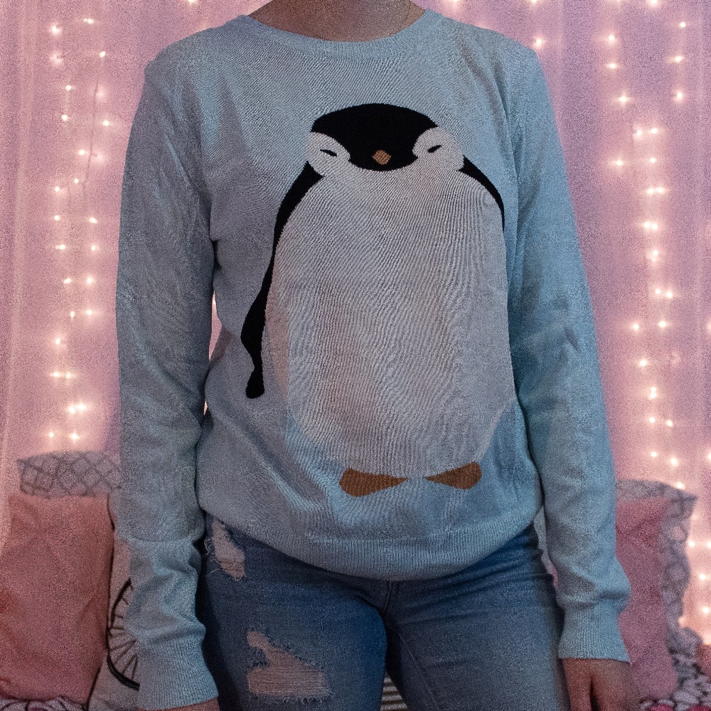 light blue penguin sweater